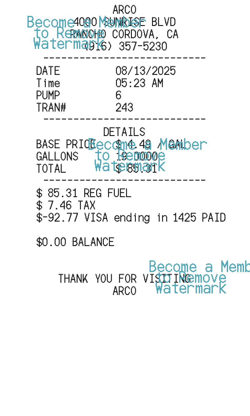 A gas station receipt for 19 gallons from an ARCO in Rancho Cordova.