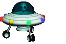 A pixelated UFO approaching, then leaving.